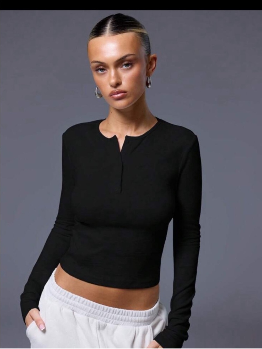 SHEIN Black Long Sleeve Notch-Neck Cropped Top